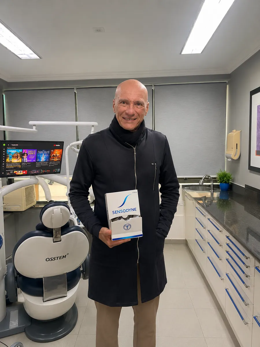 Dr. Ricardo Pina no consultório odontológico do Itaim Bibi, ao lado da cadeira e equipamentos modernos